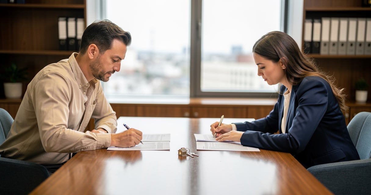 Couple en consultation juridique pour un achat immobilier en plein divorce