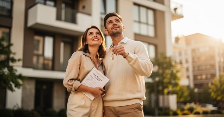 Jeune couple primo-accédant tenant les clés de leur premier logement devant un immeuble