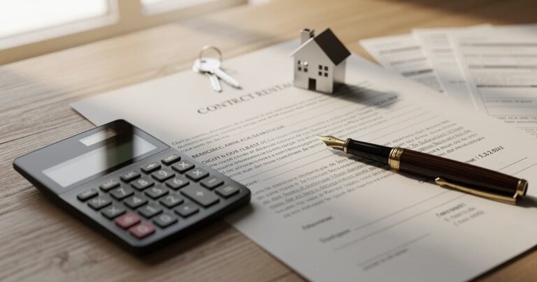 Calcul de revision de loyer avec contrat de bail et calculatrice sur un bureau
