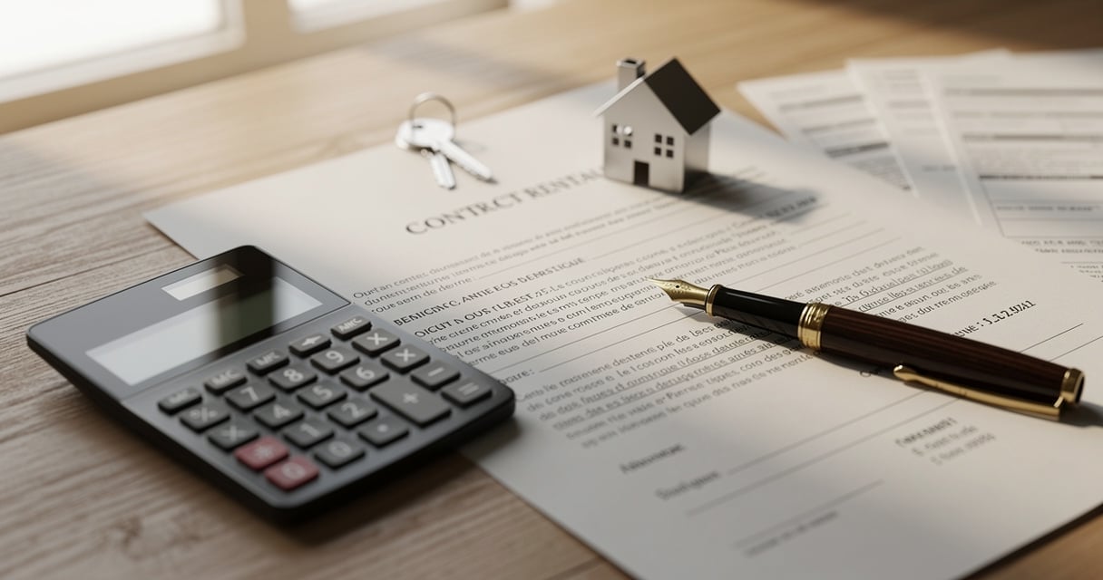 Calcul de revision de loyer avec contrat de bail et calculatrice sur un bureau