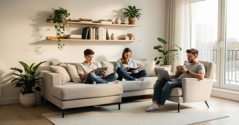 Salon lumineux d'un appartement en colocation avec mobilier moderne