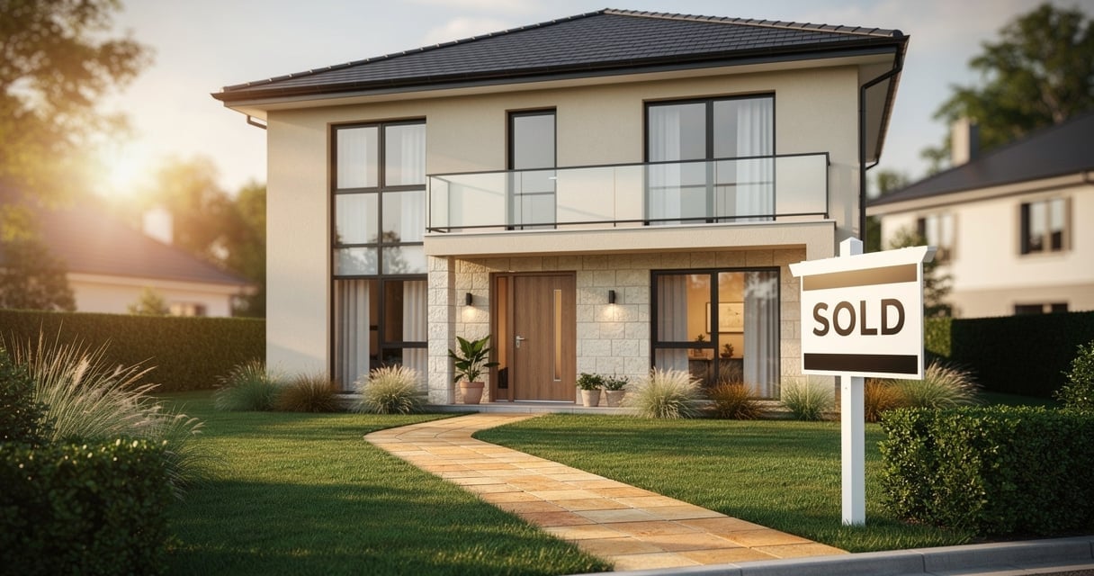 Maison moderne avec panneau Vendu devant, illustrant la vente liée à un crédit relais