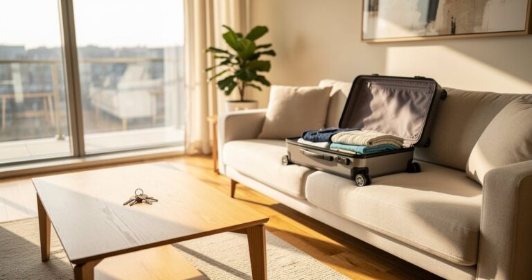 Appartement meublé lumineux prêt pour la location saisonnière avec valise ouverte et clés sur la table