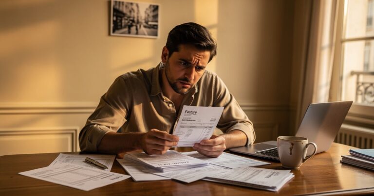 Propriétaire examinant des factures de loyer impayé à son bureau