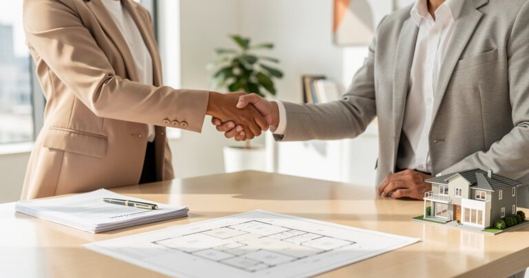 Poignée de mains lors d'une négociation immobilière avec des documents sur le bureau