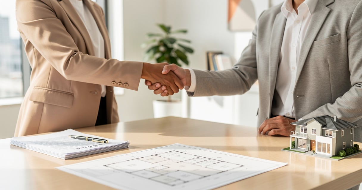 Poignée de mains lors d'une négociation immobilière avec des documents sur le bureau