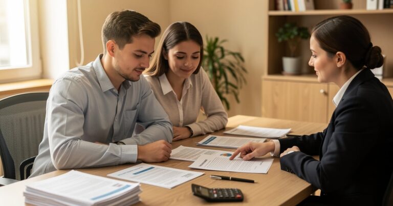 Couple consultant un conseiller pour un rachat de crédit immobilier