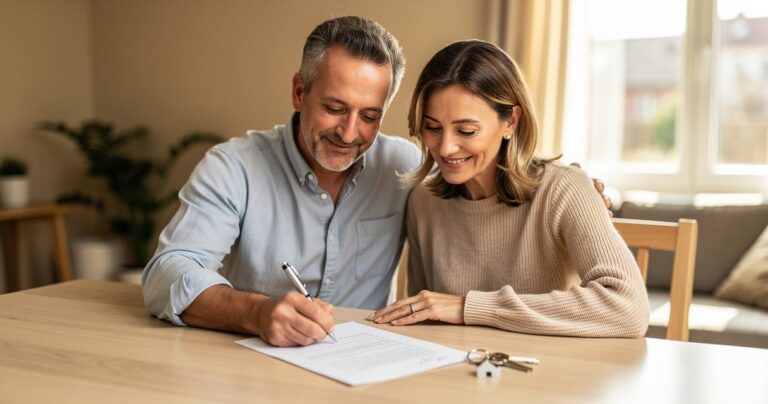 Couple signant un document de vente immobilière à la maison, clés posées sur la table