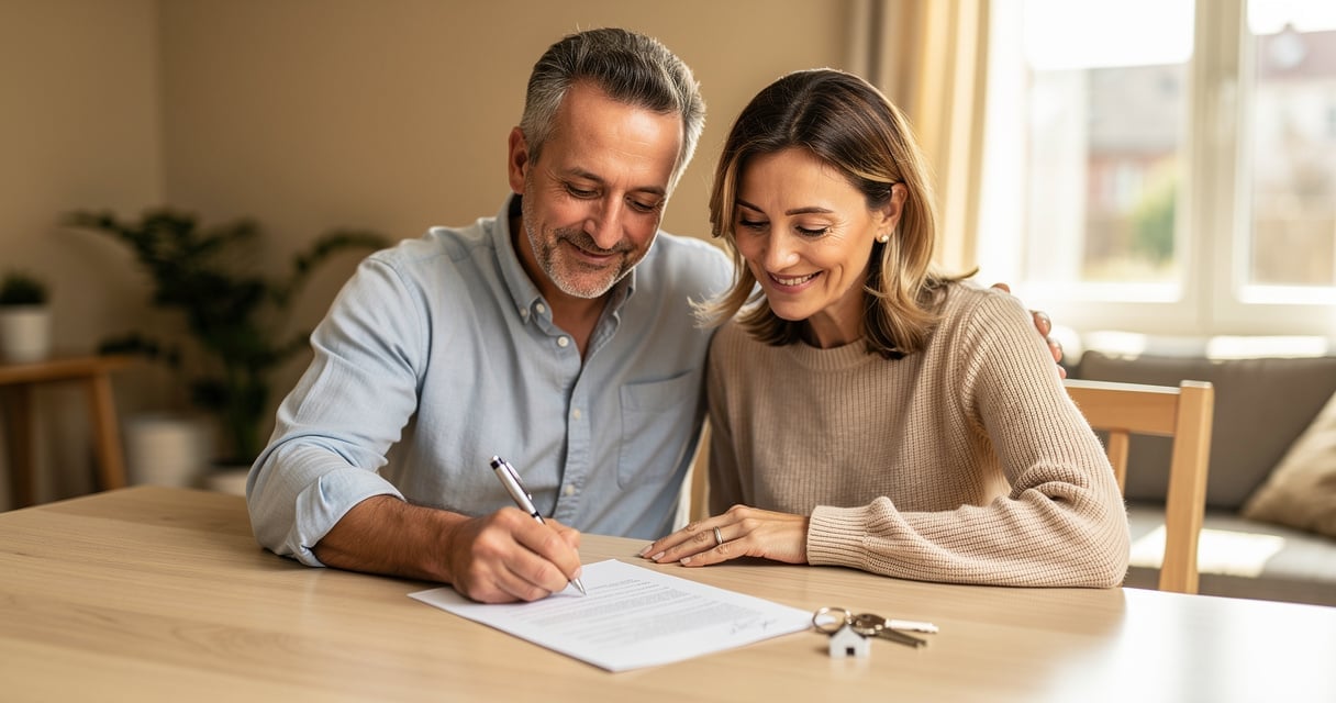 Couple signant un document de vente immobilière à la maison, clés posées sur la table