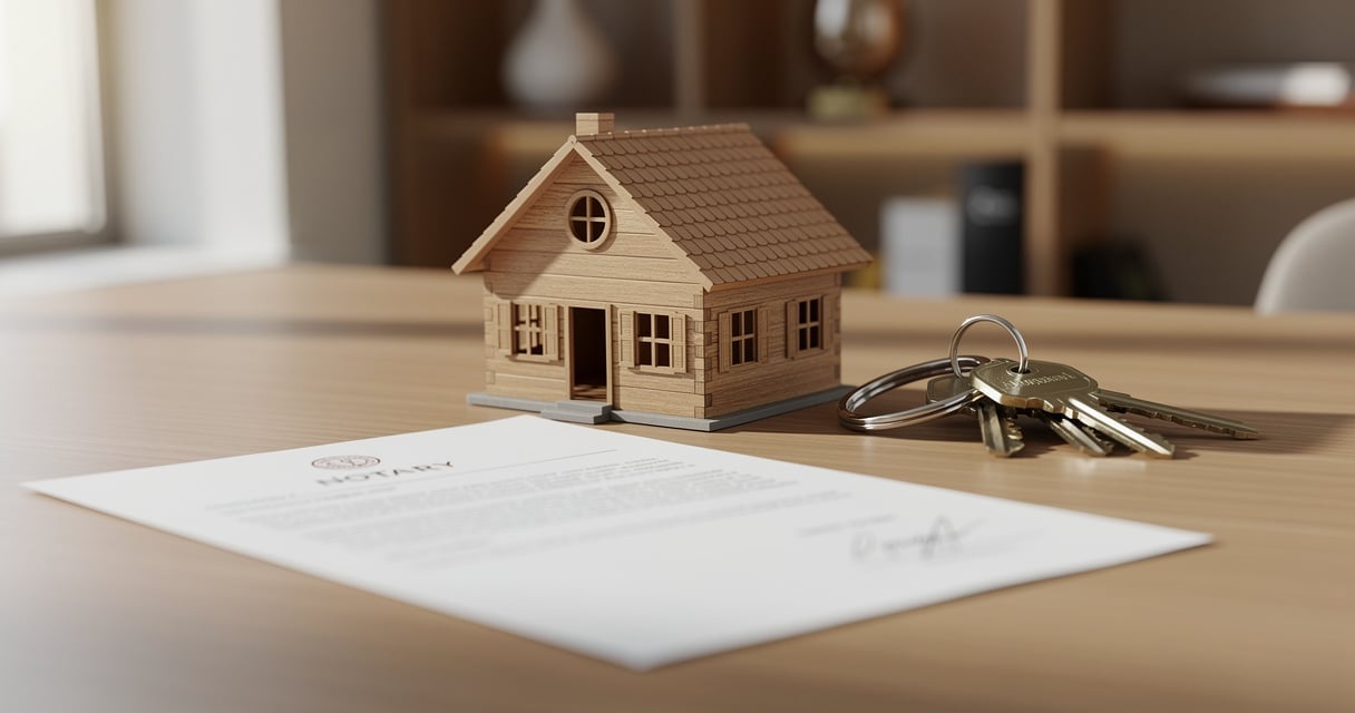 Bureau de notaire avec maquette de maison, cles et contrat de vente a terme